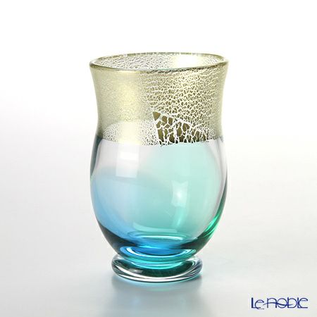 津軽びいどろ 秋村実工房 12ヶ月コレクション 盃 7月 夏の雲 ブルー／ゴールド F-62202