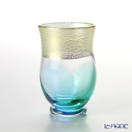 津軽びいどろ 秋村実工房 12ヶ月コレクション 盃 7月 夏の雲 ブルー／ゴールド F-62202