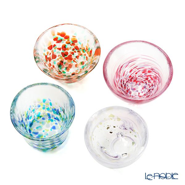 津軽びいどろ 四季の盃 ピンク／ブルー／オレンジ／ホワイト 盃（酒器）セット FS-71545 木箱入 4客揃