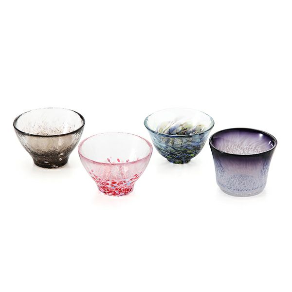 津軽びいどろ あおもりの肴 盃（酒器）セット FS-71593 4点揃え（真鯛・鮪・鯖・鮃）