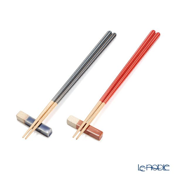 若狭塗 Haze ヘイズ 若狭塗箸と美濃焼箸置き ペア セット NV×RD ネイビー×レッド