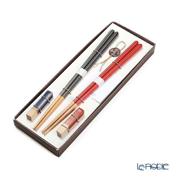 若狭塗 Haze ヘイズ 若狭塗箸と美濃焼箸置き ペア セット NV×RD ネイビー×レッド