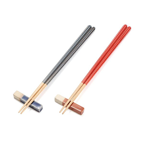 若狭塗 Haze ヘイズ 若狭塗箸と美濃焼箸置き ペア セット NV×RD ネイビー×レッド