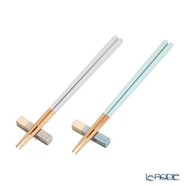 若狭塗 Haze ヘイズ 若狭塗箸と美濃焼箸置き ペア セット GY×SKY グレー×ライトブルー