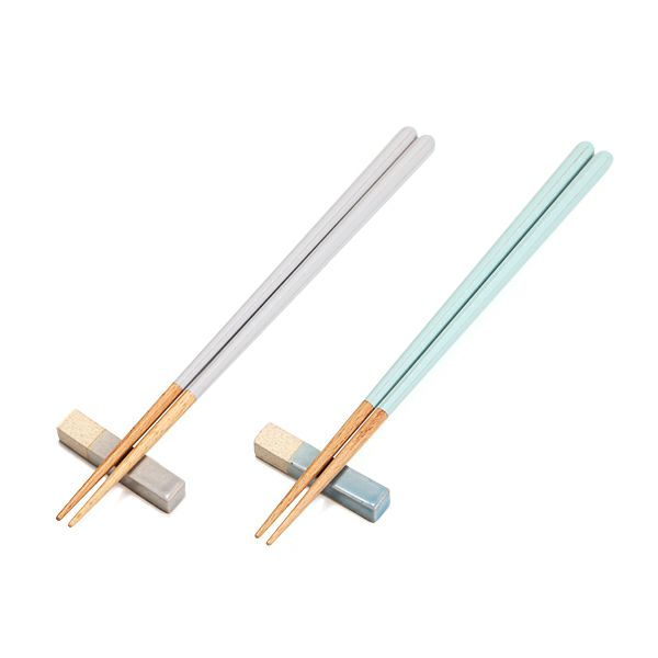 若狭塗 Haze ヘイズ 若狭塗箸と美濃焼箸置き ペア セット GY×SKY グレー×ライトブルー