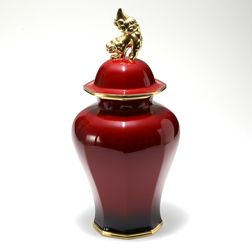 ノリタケ 蓋付辰砂花生 狛犬 T53832／B33