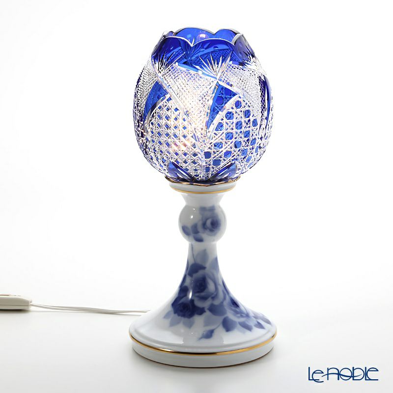 大倉陶園 ブルーローズ × カガミクリスタル 江戸切子 ブルー ランプスタンド 57LQ635／8011-mlB 白熱灯電球仕様