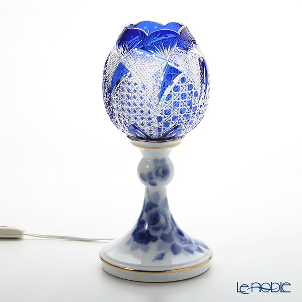 大倉陶園 ブルーローズ × カガミクリスタル 江戸切子 ブルー ランプスタンド 57LQ635／8011-mlB 白熱灯電球仕様