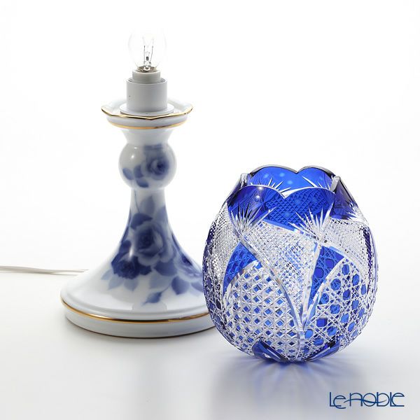 大倉陶園 ブルーローズ × カガミクリスタル 江戸切子 ブルー ランプスタンド 57LQ635／8011-mlB 白熱灯電球仕様