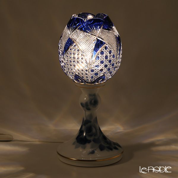 大倉陶園 ブルーローズ × カガミクリスタル 江戸切子 ブルー ランプスタンド 57LQ635／8011-mlB 白熱灯電球仕様