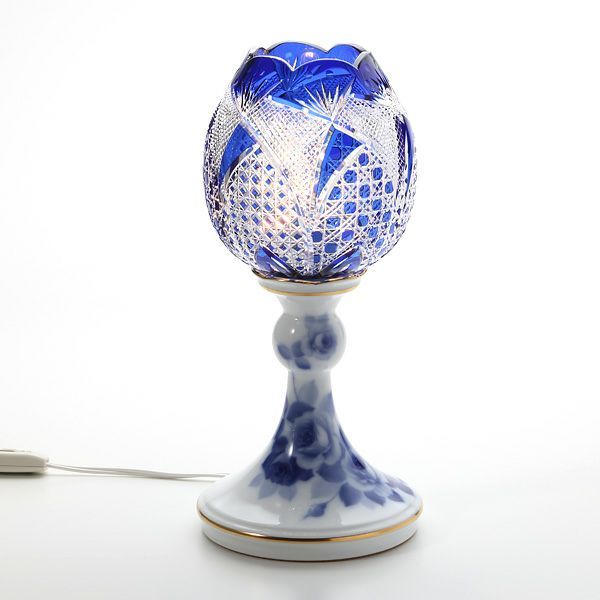 大倉陶園 ブルーローズ × カガミクリスタル 江戸切子 ブルー ランプスタンド 57LQ635／8011-mlB 白熱灯電球仕様