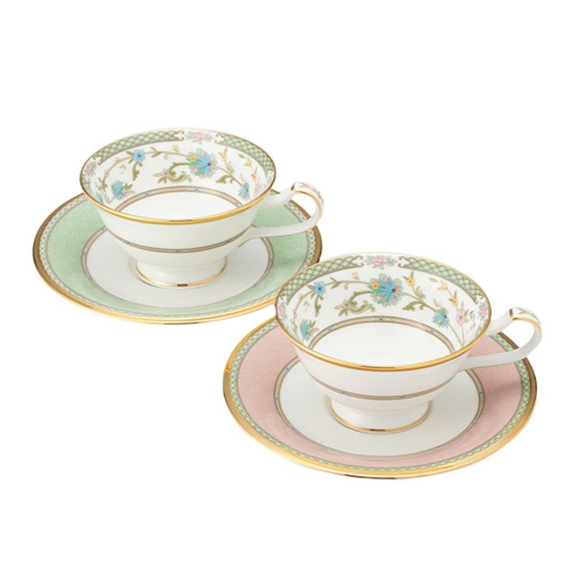 ノリタケ ヨシノ 9983-07J／Y6988 ティー・コーヒー兼用 碗皿 ペア ピンク＆グリーン
