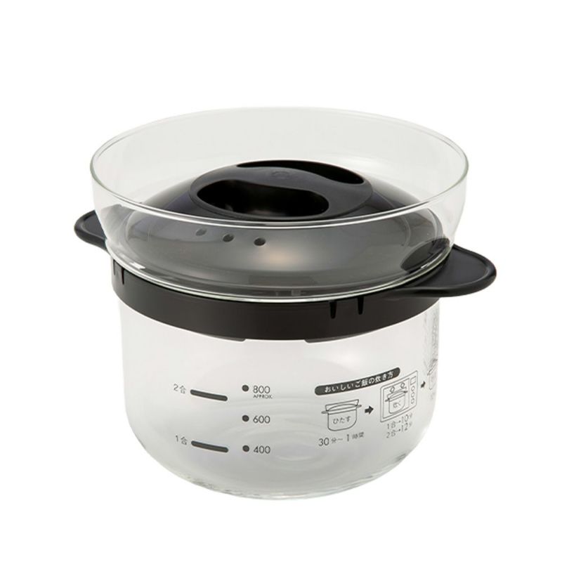ハリオ ガラスのレンジご飯釜 1~2合用 計量カップ付き XRCN-2-B【電子レンジ用】