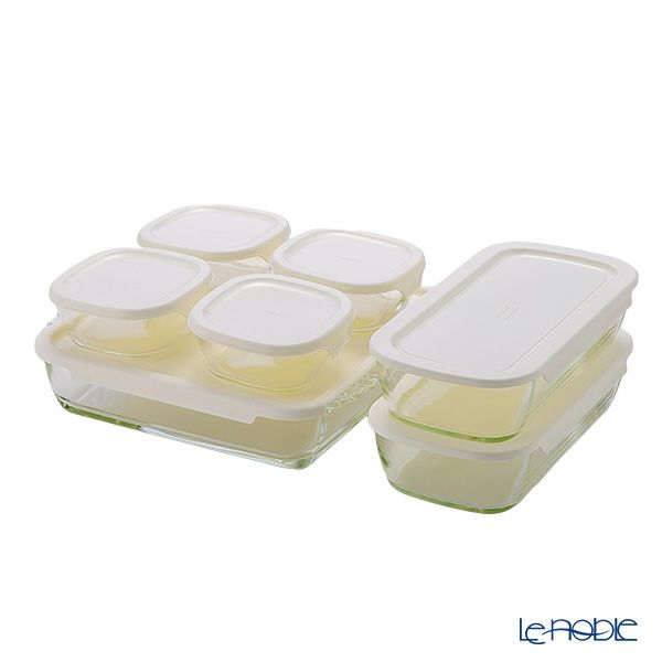 ハリオ スタッキング 耐熱ガラスコンテナ 7個セット スクエア HKOZ-8002-OW