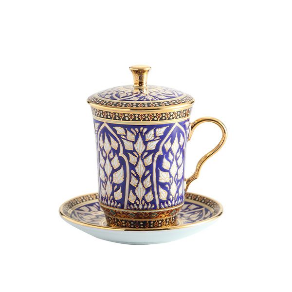 ブランベンジャロン工房 モカカップ＆ソーサー（蓋付） ロータスチャネルブルー 150ml