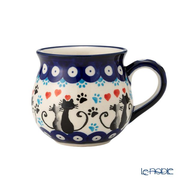 ポーリッシュポタリー（ポーランド陶器） ボレスワヴィエツ マグカップ 220ml／8cm 猫とハート 1452／A-1378A