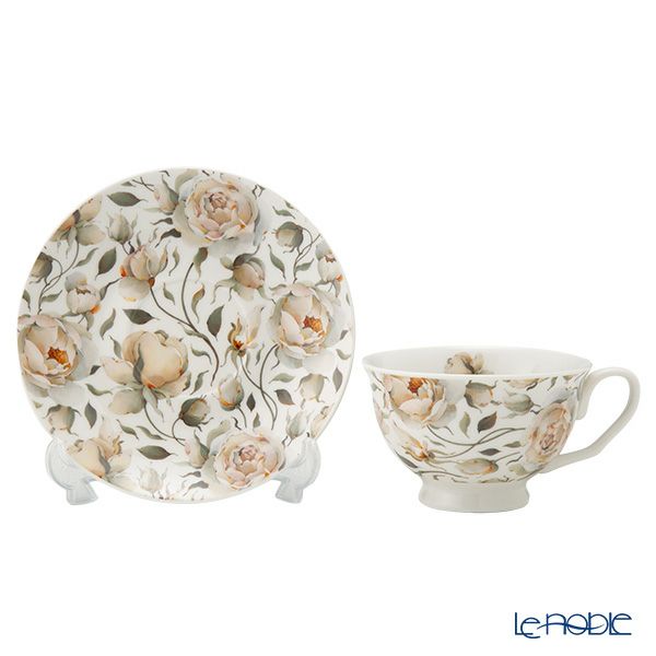 DUO フローラルシリーズ イングリッシュローズ カップ＆ソーサー ホワイト ペア 250ml