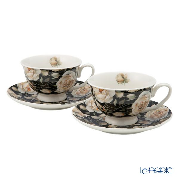 DUO フローラルシリーズ イングリッシュローズ カップ＆ソーサー ブラック ペア 250ml