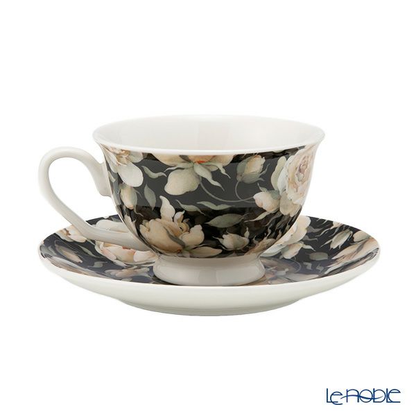 DUO フローラルシリーズ イングリッシュローズ カップ＆ソーサー ブラック ペア 250ml