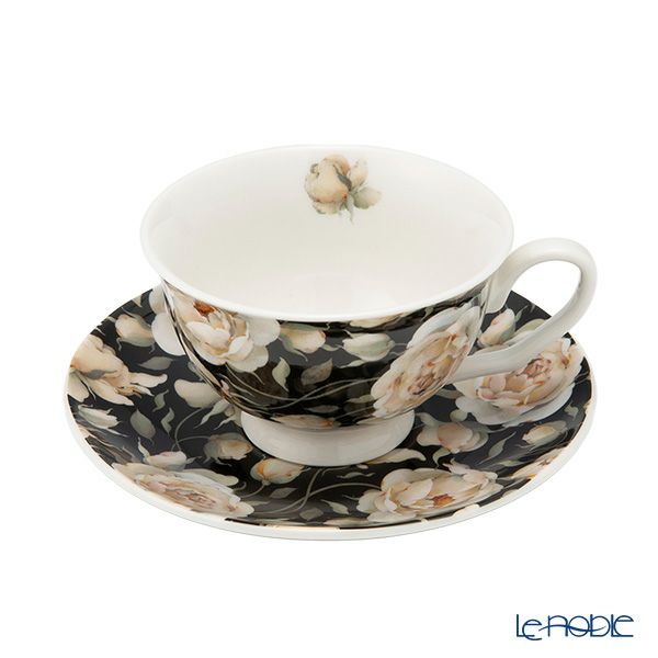 DUO フローラルシリーズ イングリッシュローズ カップ＆ソーサー ブラック ペア 250ml