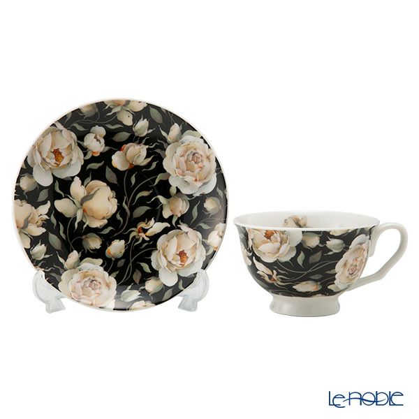 DUO フローラルシリーズ イングリッシュローズ カップ＆ソーサー ブラック ペア 250ml