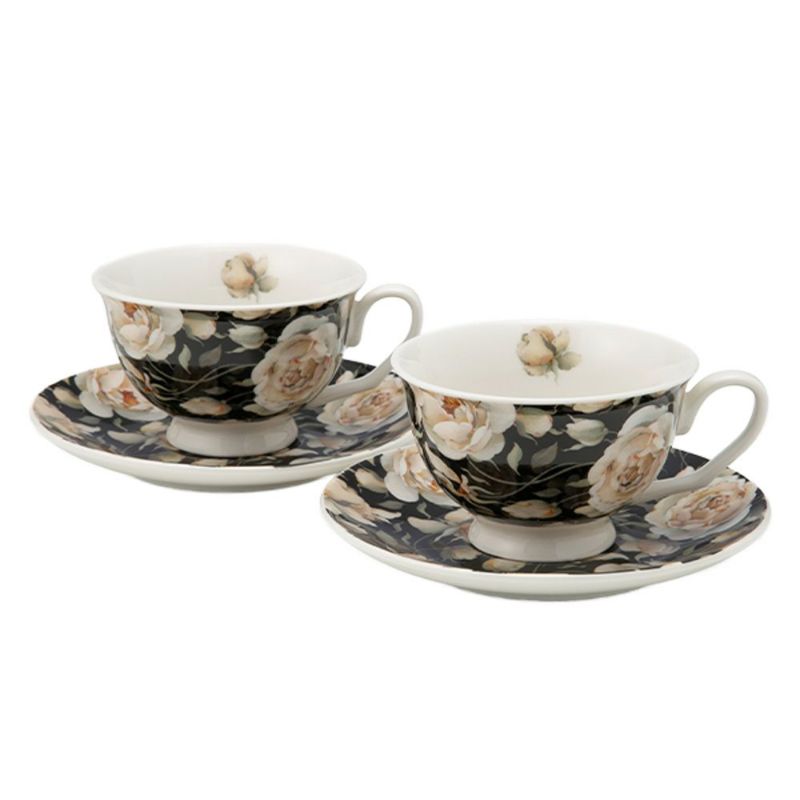 DUO フローラルシリーズ イングリッシュローズ カップ＆ソーサー ブラック ペア 250ml