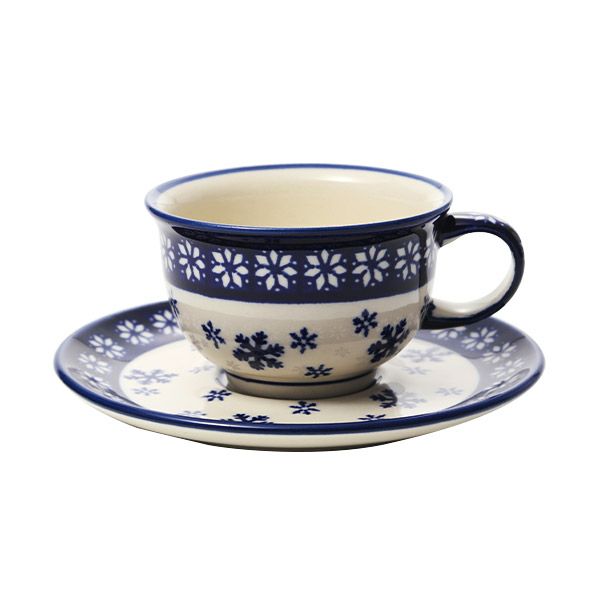 ポーリッシュポタリー（ポーランド陶器） ボレスワヴィエツ ティーカップ＆ソーサー 220ml／16cm XMAS／クリスマス（雪の結晶） 775／836／925A