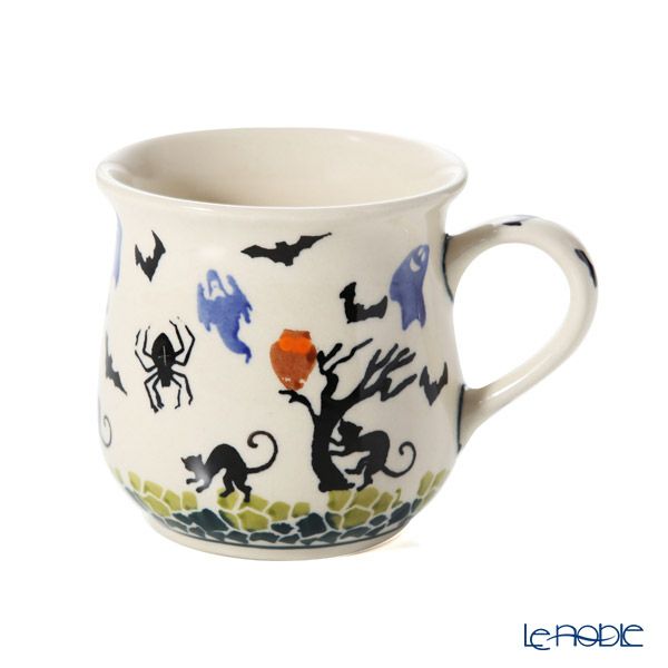ポーリッシュポタリー（ポーランド陶器） ボレスワヴィエツ マグカップ 250ml／8.6cm お化け＆猫 ハロウィン 1599／DU-OK125