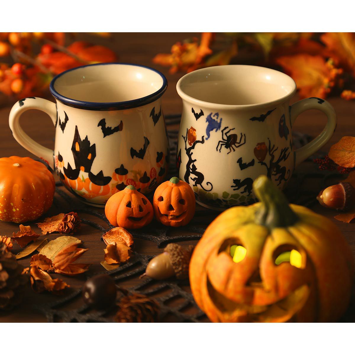 ポーリッシュポタリー（ポーランド陶器） ボレスワヴィエツ マグカップ 250ml／8.6cm お化け＆猫 ハロウィン 1599／DU-OK125