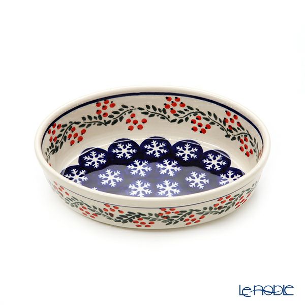 ポーリッシュポタリー（ポーランド陶器） ボレスワヴィエツ オーバルディッシュ（グラタン皿） 16.4cm／H4.5cm XMAS／クリスマス（ひいらぎ） 1894A／1005