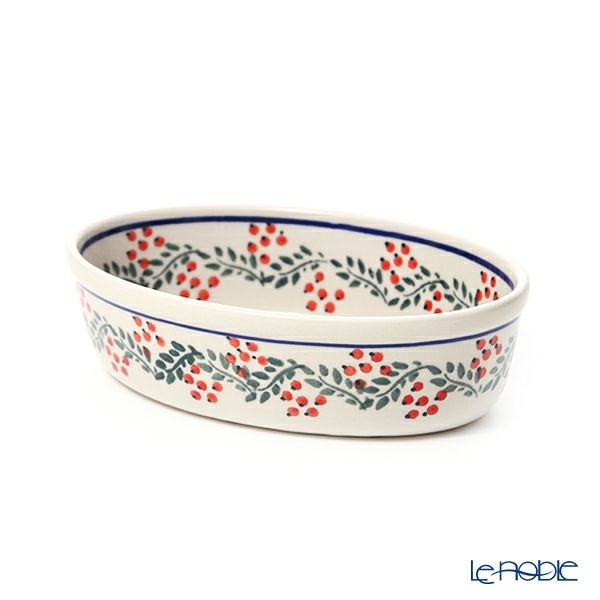ポーリッシュポタリー（ポーランド陶器） ボレスワヴィエツ オーバルディッシュ（グラタン皿） 16.4cm／H4.5cm XMAS／クリスマス（ひいらぎ） 1894A／1005