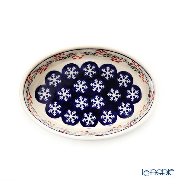 ポーリッシュポタリー（ポーランド陶器） ボレスワヴィエツ オーバルディッシュ（グラタン皿） 16.4cm／H4.5cm XMAS／クリスマス（ひいらぎ） 1894A／1005