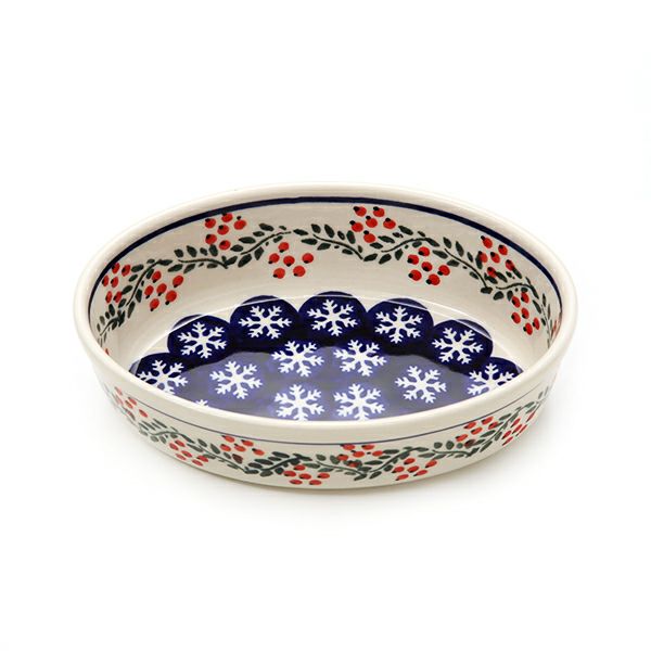 ポーリッシュポタリー（ポーランド陶器） ボレスワヴィエツ オーバルディッシュ（グラタン皿） 16.4cm／H4.5cm XMAS／クリスマス（ひいらぎ） 1894A／1005
