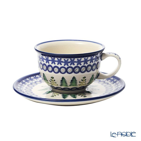 ポーリッシュポタリー（ポーランド陶器） ボレスワヴィエツ ティーカップ＆ソーサー 220ml／16cm XMAS／クリスマス（もみの木） 775／836／A-1001