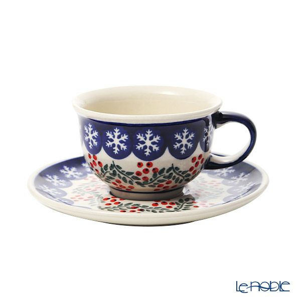 ポーリッシュポタリー（ポーランド陶器） ボレスワヴィエツ ティーカップ＆ソーサー 220ml／16cm XMAS／クリスマス（ひいらぎ） 775／836／1005