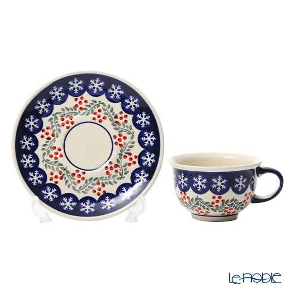 ポーリッシュポタリー（ポーランド陶器） ボレスワヴィエツ ティーカップ＆ソーサー 220ml／16cm XMAS／クリスマス（ひいらぎ） 775／836／1005
