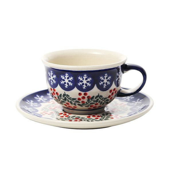 ポーリッシュポタリー（ポーランド陶器） ボレスワヴィエツ ティーカップ＆ソーサー 220ml／16cm XMAS／クリスマス（ひいらぎ） 775／836／1005