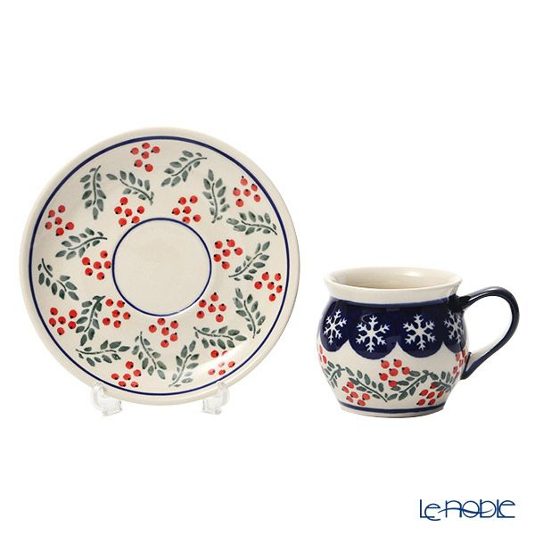 ポーリッシュポタリー（ポーランド陶器） ボレスワヴィエツ コーヒーカップ＆ソーサー 160ml／14.2cm XMAS／クリスマス（ひいらぎ） 913／710／1005