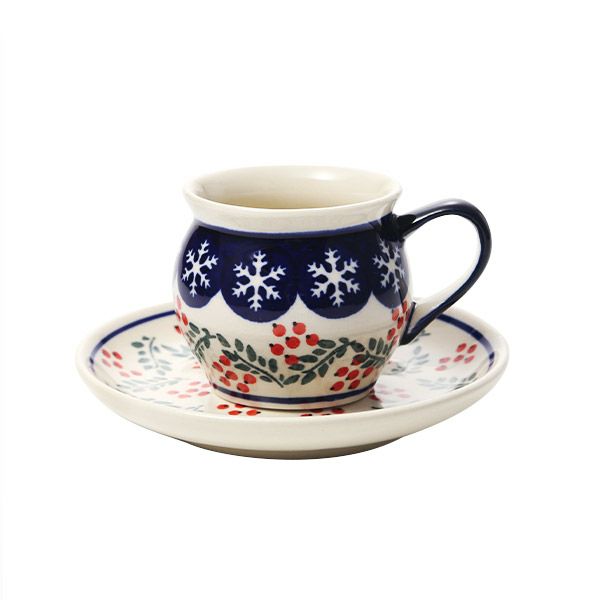 ポーリッシュポタリー（ポーランド陶器） ボレスワヴィエツ コーヒーカップ＆ソーサー 160ml／14.2cm XMAS／クリスマス（ひいらぎ） 913／710／1005