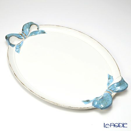 ソルディ フィレンツェ トレイ オーバル 36×51cm リボン ホワイト／ライトブルー 1004
