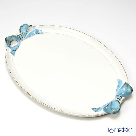 ソルディ フィレンツェ トレイ オーバル 30×43cm リボン ホワイト／ライトブルー 1003