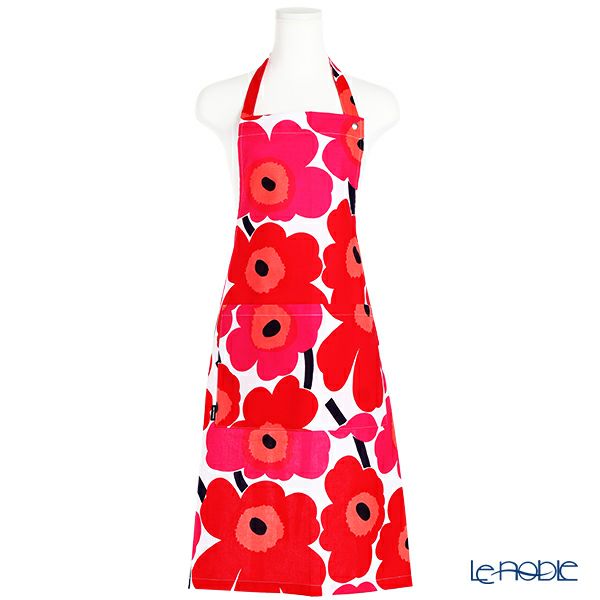 マリメッコ（marimekko） Pieni Unikko ピエニ ウニッコ エプロン ホワイト×レッド 着丈84×身幅83cm コットン