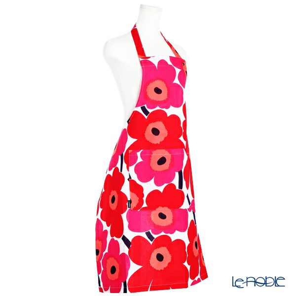 マリメッコ（marimekko） Pieni Unikko ピエニ ウニッコ エプロン ホワイト×レッド 着丈84×身幅83cm コットン