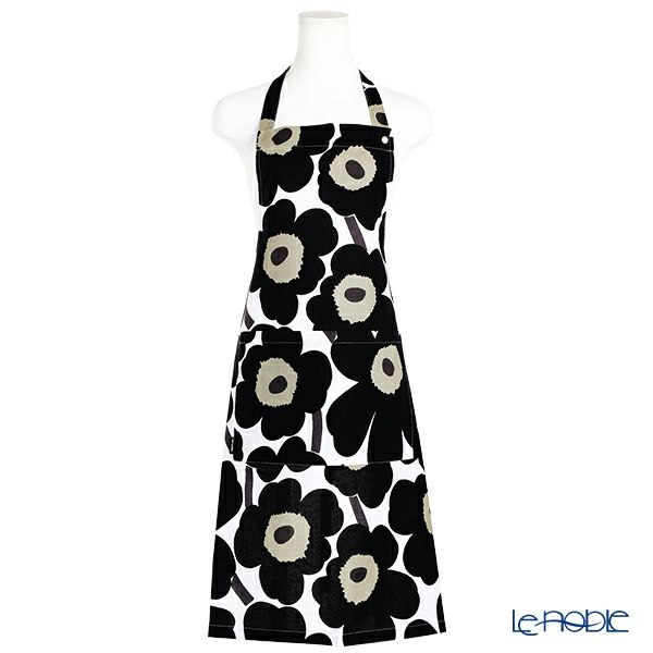 マリメッコ（marimekko） Pieni Unikko ピエニ ウニッコ エプロン ホワイト×ブラック 着丈84×身幅83cm コットン