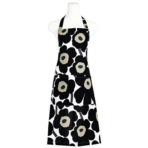 マリメッコ（marimekko） Pieni Unikko ピエニ ウニッコ エプロン ホワイト×ブラック 着丈84×身幅83cm コットン