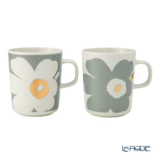 マリメッコ（marimekko） Unikko ウニッコ／けしの花 60thアニバーサリーコレクション マグカップ ホワイト×ライトグレー×ゴールド 250ml 柄違い ペア 073617-192／24AW