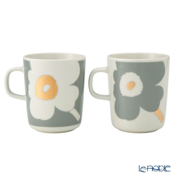 マリメッコ（marimekko） Unikko ウニッコ／けしの花 60thアニバーサリーコレクション マグカップ ホワイト×ライトグレー×ゴールド 250ml 柄違い ペア 073617-192／24AW