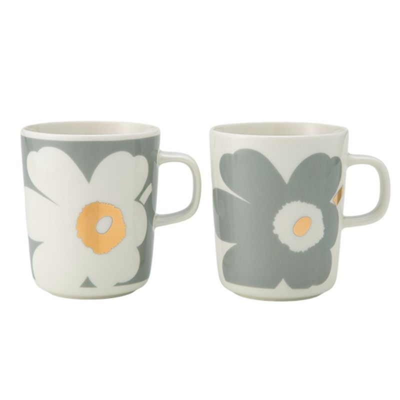 マリメッコ（marimekko） Unikko ウニッコ／けしの花 60thアニバーサリーコレクション マグカップ ホワイト×ライトグレー×ゴールド 250ml 柄違い ペア 073617-192／24AW