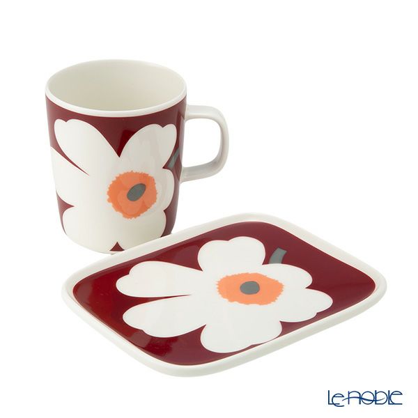 マリメッコ（marimekko） Unikko ウニッコ／けしの花 60thアニバーサリーコレクション カップ＆プレート セット ホワイト×ダークチェリー 073700-139／24AW
