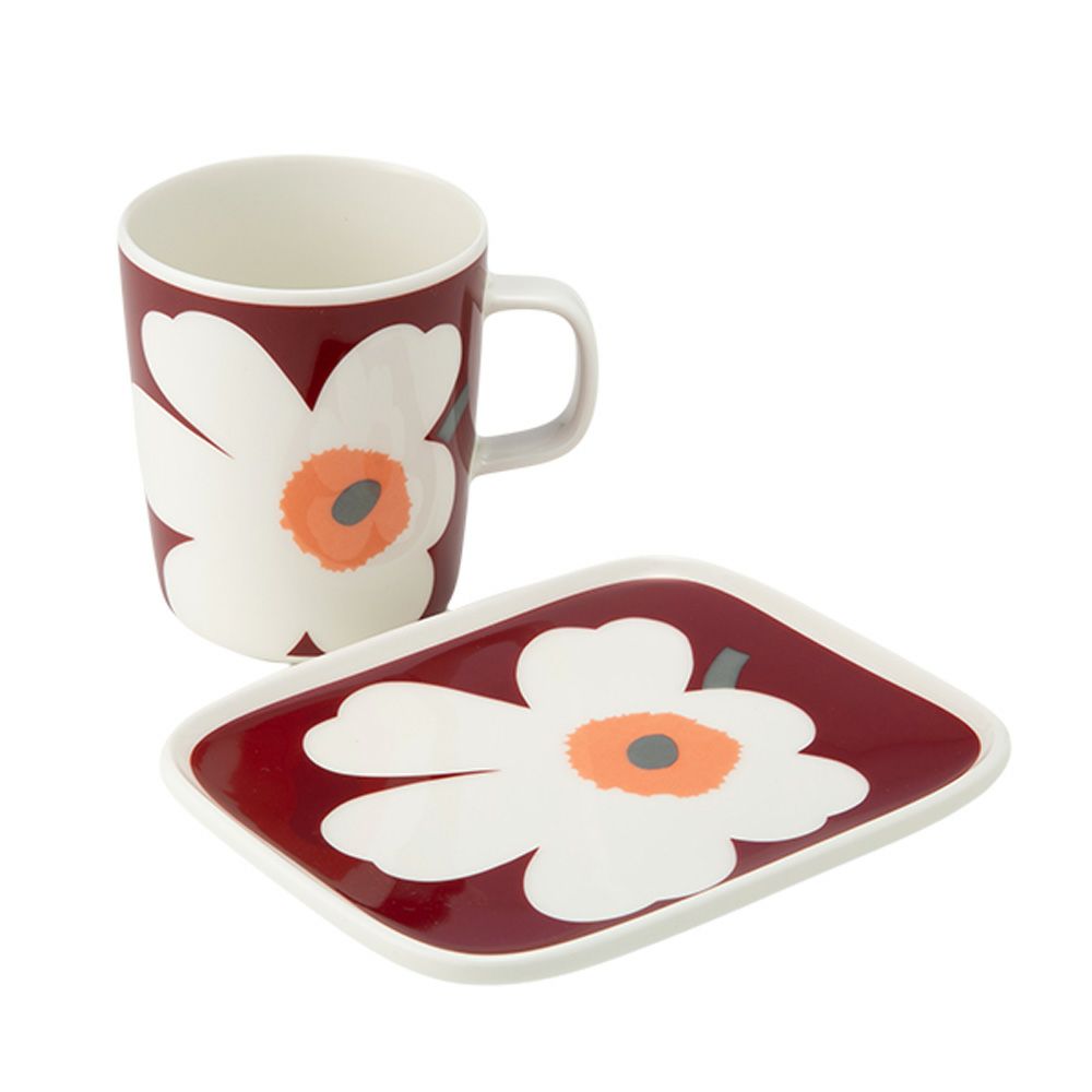 マリメッコ（marimekko） Unikko ウニッコ／けしの花 60thアニバーサリーコレクション カップ＆プレート セット ホワイト×ダークチェリー 073700-139／24AW